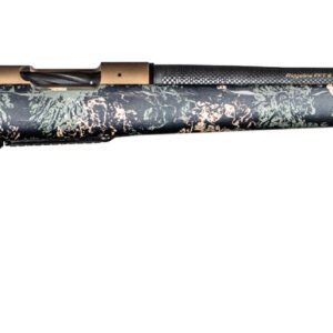 Black and tan camo bolt-action rifle with a carbon fiber barrel and bronze accents.