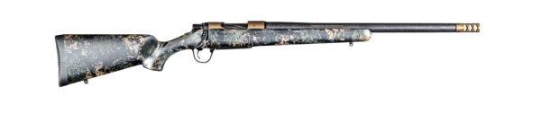 Black and tan camo bolt-action rifle with a carbon fiber barrel and bronze accents.