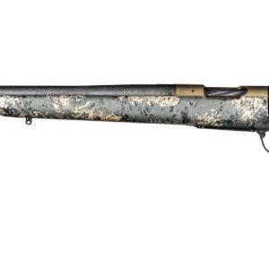 Camo-pattern rifle with a dark barrel and tan accents, featuring a synthetic stock ideal for hunting in casey, iowa.