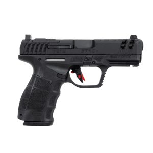 A black semi-automatic pistol with textured grip and red trigger accents.