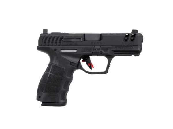 A black semi-automatic pistol with textured grip and red trigger accents.