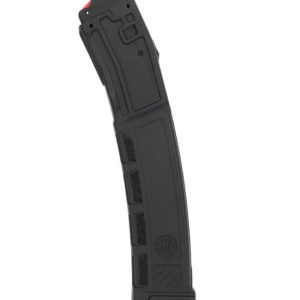 Black ammunition magazine with textured grip and logo, angled view.