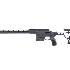 Tactical precision rifle with a black and grey finish, featuring a modular stock and long barrel.