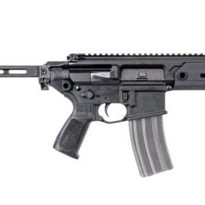 A black semi-automatic rifle with a collapsible stock and a silver magazine on a white background.