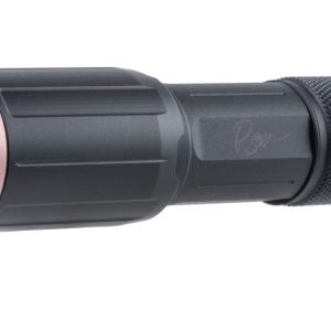 Compact black flashlight with copper accents and textured grip, angled view.