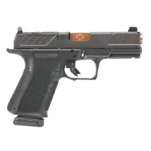 A black handgun with a textured grip, featuring a dark green slide and copper accents.