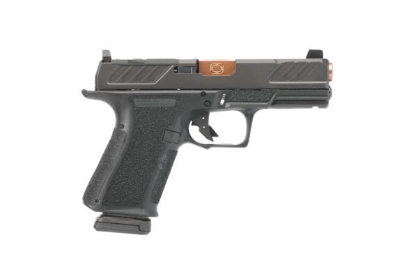 A black handgun with a textured grip, featuring a dark green slide and copper accents.