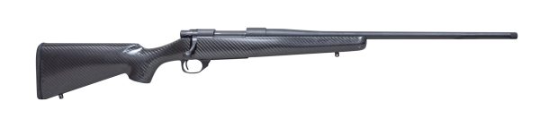 Carbon fiber bolt-action rifle with black finish, featuring a sleek, modern design.