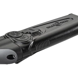 Alt text: Black tactical flashlight with textured grip and multiple buttons, angled view.