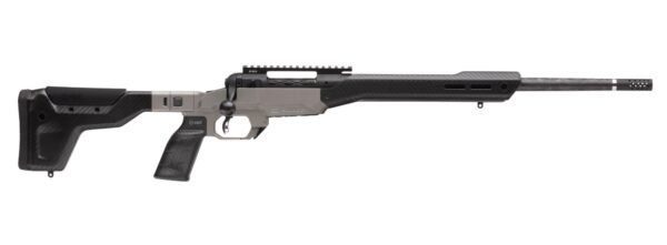 Carbon fiber bolt-action rifle with a beige and black stock, featuring a textured grip and a perforated muzzle.