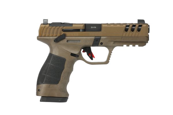 Tan and black semi-automatic handgun with textured grip, featuring a black slide and red trigger, showcased on a white background.