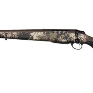 Rifle with brown metal barrel and camouflage-patterned stock, featuring earth tones and foliage-like design.