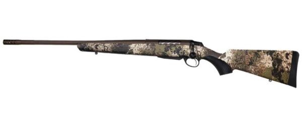 Rifle with brown metal barrel and camouflage-patterned stock, featuring earth tones and foliage-like design.