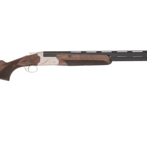 Over-under shotgun with a dark walnut stock and forearm, black ribbed barrels, and a silver receiver, featuring a gold trigger.