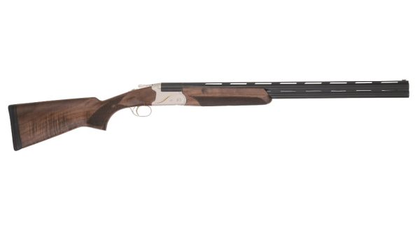 Over-under shotgun with a dark walnut stock and forearm, black ribbed barrels, and a silver receiver, featuring a gold trigger.