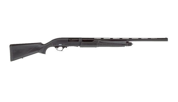 Tactical black shotgun featuring a sleek design and vented rib barrel for enhanced shooting performance.