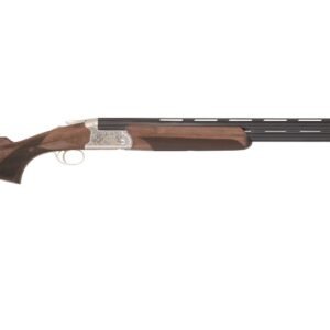 Walnut and steel over-under shotgun with engraved receiver and double barrels.