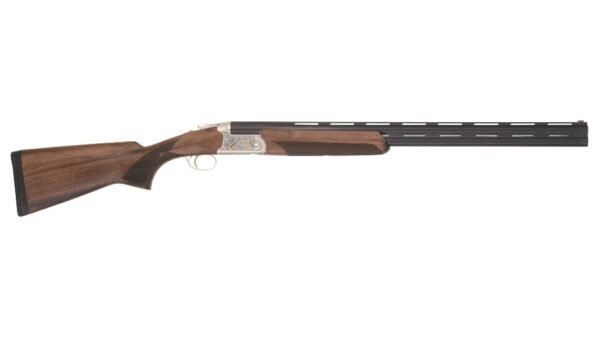 Over and under shotgun with a brown wooden stock and black barrels, featuring intricate engraving on the metal action.