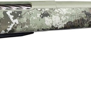 Camouflage bolt-action rifle with a black grip and olive green barrel, featuring a fluted bolt and muzzle brake.