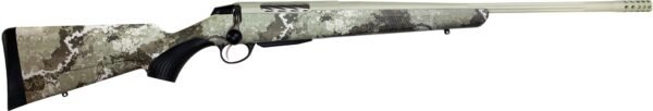 Camouflage bolt-action rifle with a black grip and olive green barrel, featuring a fluted bolt and muzzle brake.