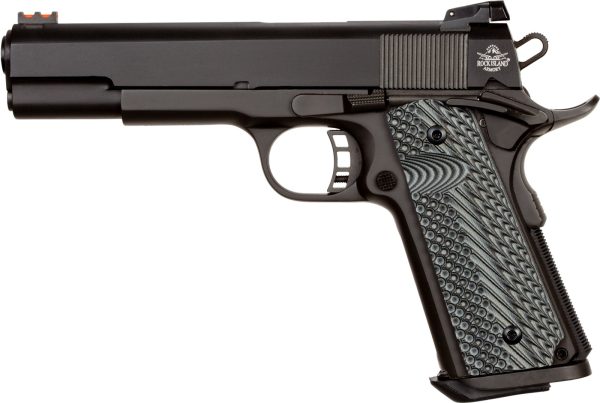 Black semi-automatic handgun with textured gray grip, rock island armory branding; firearms, guns, and ammo related.