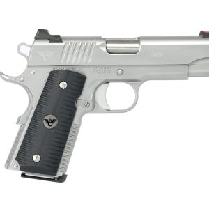 Silver handgun with black textured grip, featuring a precision barrel and sleek design.