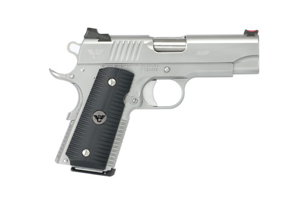 Silver handgun with black textured grip, featuring a precision barrel and sleek design.