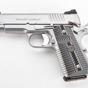 Silver wilson combat handgun with black and gray patterned grip on a white background.