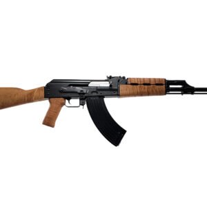 A black and wood-colored ak-style rifle on a white background.