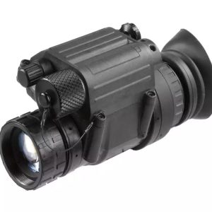 Black night vision device with detailed ridges and adjustable lens, isolated on white background.