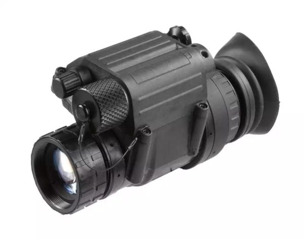 Black night vision device with detailed ridges and adjustable lens, isolated on white background.