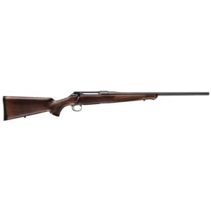 A bolt-action rifle with a polished wooden stock and matte black barrel.