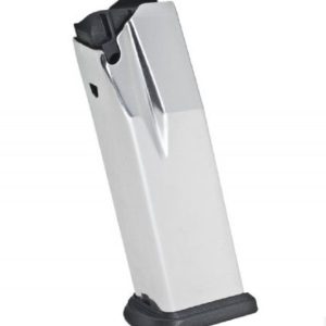Silver gun magazine clip with a black base.