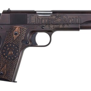 A black handgun with engraved text "liberty or death" and detailed wood-textured grip featuring stars and patterns.