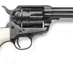 Black revolver with intricate silver detailing and a white grip.