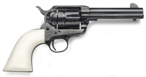 Black revolver with intricate silver detailing and a white grip.