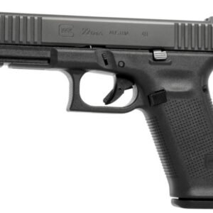 Black glock 22 gen 5 pistol positioned left, featuring a polymer frame and textured grip.