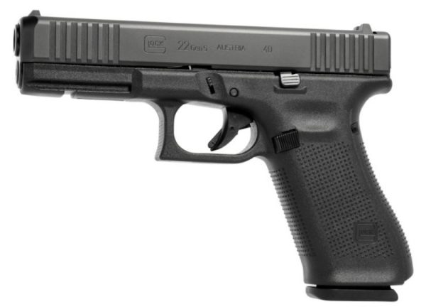 Black glock 22 gen 5 pistol positioned left, featuring a polymer frame and textured grip.