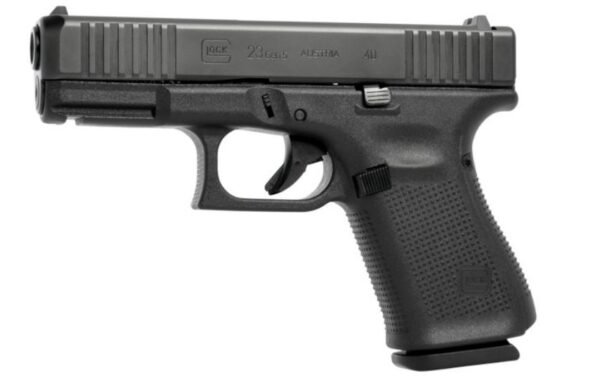 Black glock 23 gen5 handgun with textured grip, marked "austria" and "40," on a white background.