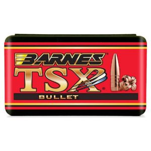 Red and black Barnes TSX bullet packaging with gold and white lettering, featuring a copper bullet image on the right.
