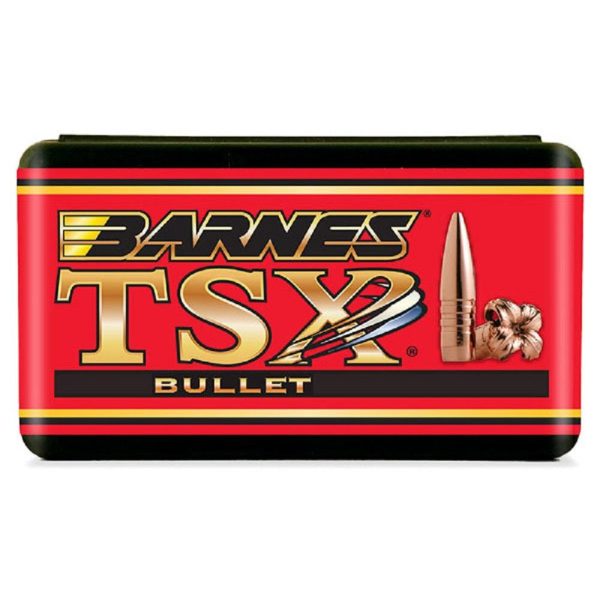 Barnes tsx bullet packaging in red with gold text and a copper bullet image.
