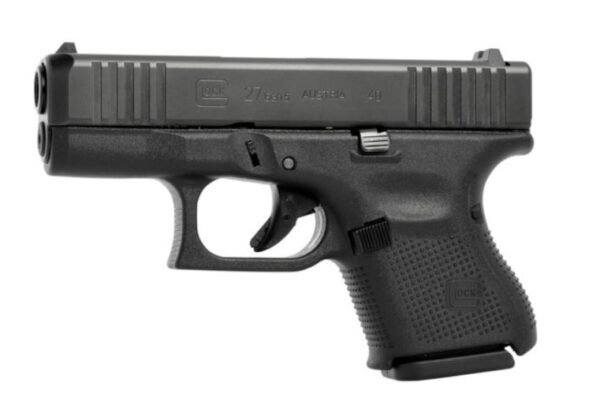 Compact black semi-automatic handgun with a dark slide, featuring textured grip, labeled glock 27 gen 4, with "austria 40" inscribed, isolated on a white background.