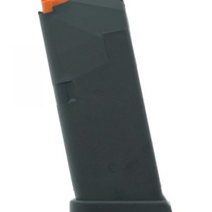 A black firearm magazine with an orange follower.