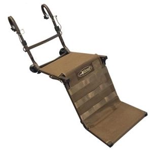 Brown collapsible hunting game cart with wheels and a branded logo, suitable for transporting firearms and ammo.