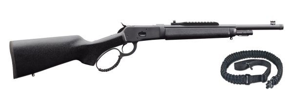 Black lever-action rifle with textured stock and attached tactical sling; associated with firearms and ammunition in casey, iowa.