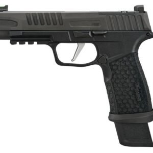 Black and dark green handgun with textured grip and tactical rail, positioned on a white background.