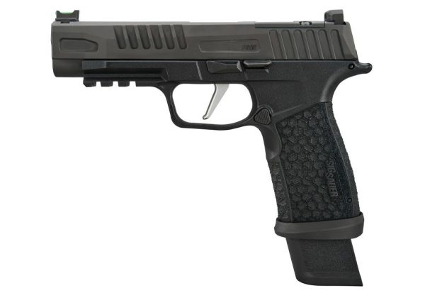 Black and dark green handgun with textured grip and tactical rail, positioned on a white background.