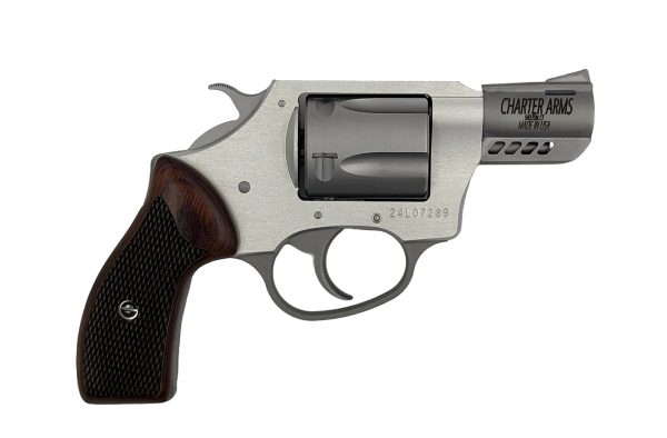 Silver charter arms revolver with a dark wood grip against a white background.