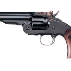 Black revolver with a short barrel and wooden grip.