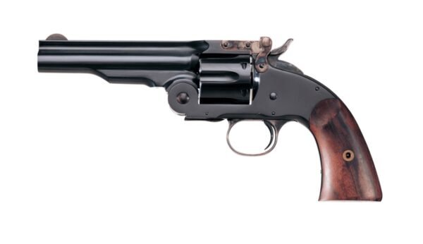 Black revolver with a short barrel and wooden grip.